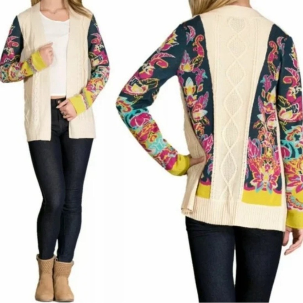 Flying Tomato Cream and Floral Cable Knit Open Front Cardigan Size S - Picture 2 of 7
